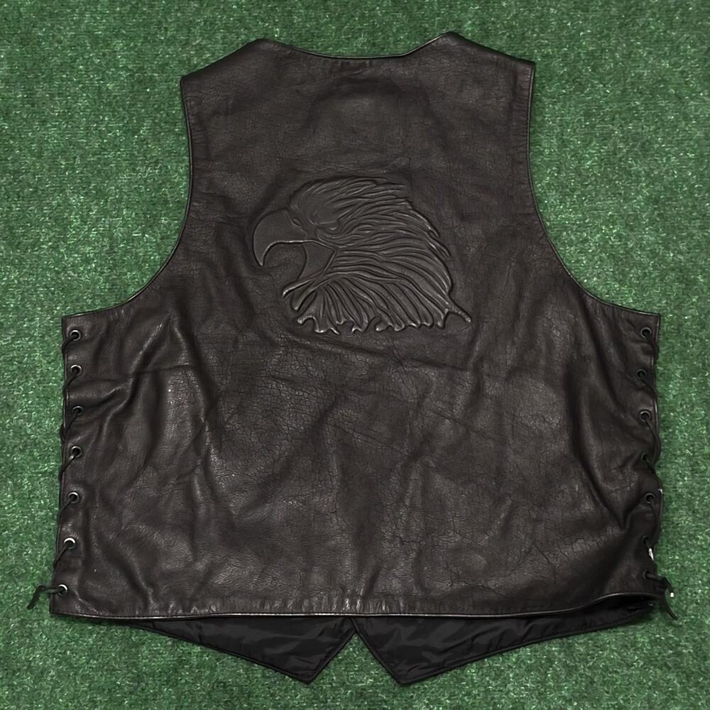 VTG 90s Y2K Wilsons Leather Western Biker Vest Embossed Eagle Lace Up Black XXL